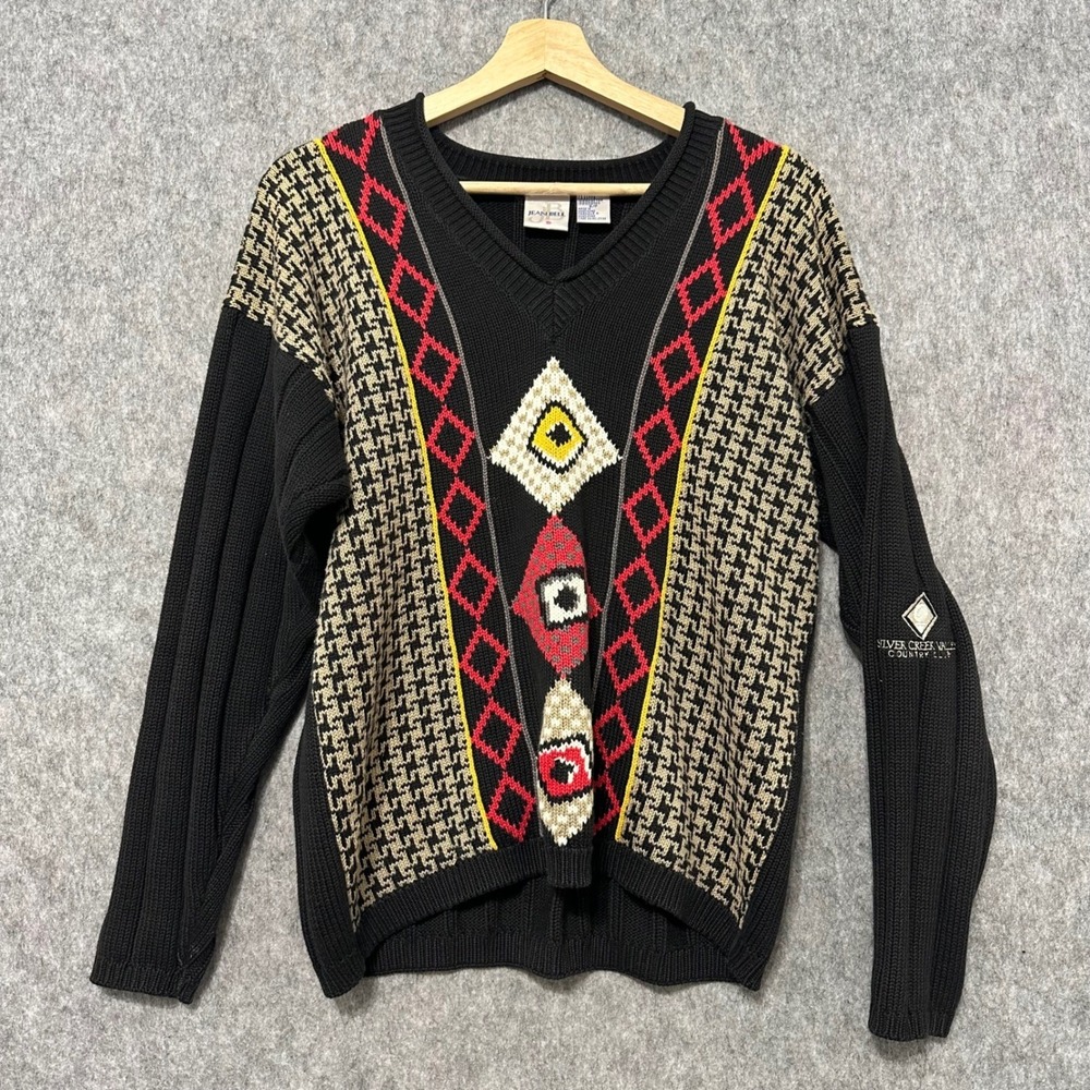 Vintage Jean Bell V-Neck Geometric Grandma Knit Sweater Women S/P Black